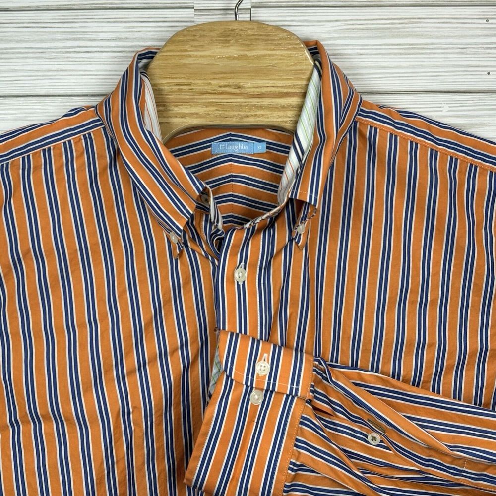J Mclaughlin Men's Button Down Navy Orange Striped Cotton Long Sleeve Sz XL